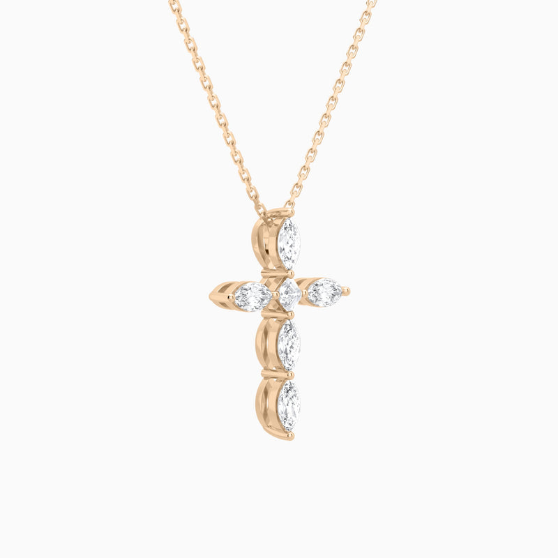 Marquise and Asscher Lab Grown Diamond Cross Necklace In 14K Rose Gold - Front Angle View