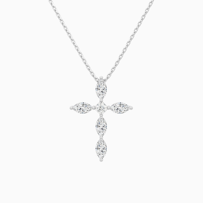 Marquise and Asscher Lab Grown Diamond Cross Necklace In 14K White Gold - Lucenjuri