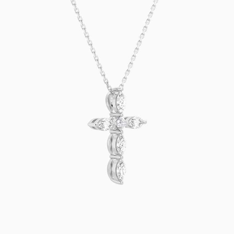 Marquise and Asscher Lab Grown Diamond Cross Necklace In 14K White Gold - Front Angle View