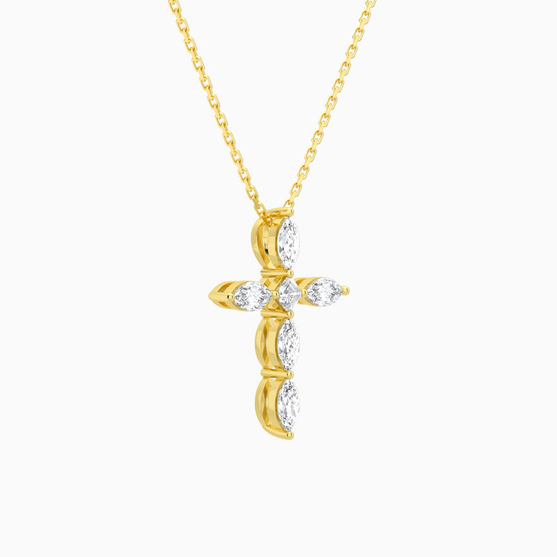 Marquise and Asscher Lab Grown Diamond Cross Necklace In 18K Yellow Gold - Front Angle View