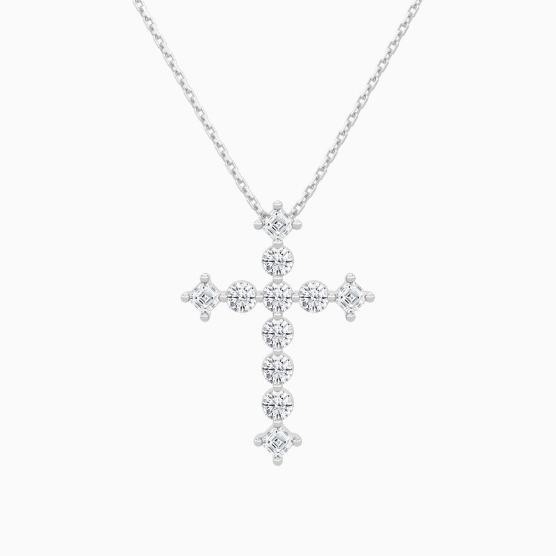 Round and Asscher Lab Grown Diamond Cross Pendant Necklace In 14K White Gold - Lucenjuri