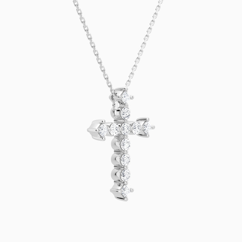 Round and Asscher Lab Grown Diamond Cross Pendant Necklace In 14K White Gold - Front Angle View