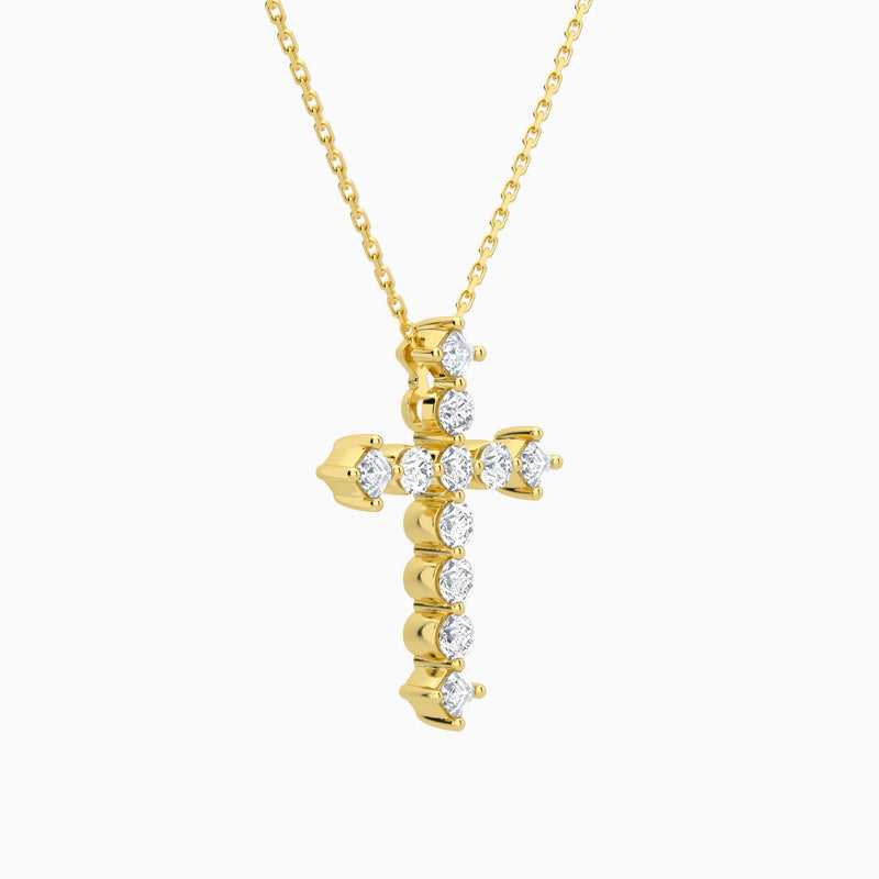 Round and Asscher Lab Grown Diamond Cross Pendant Necklace In 14K Yellow Gold - Front Angle View