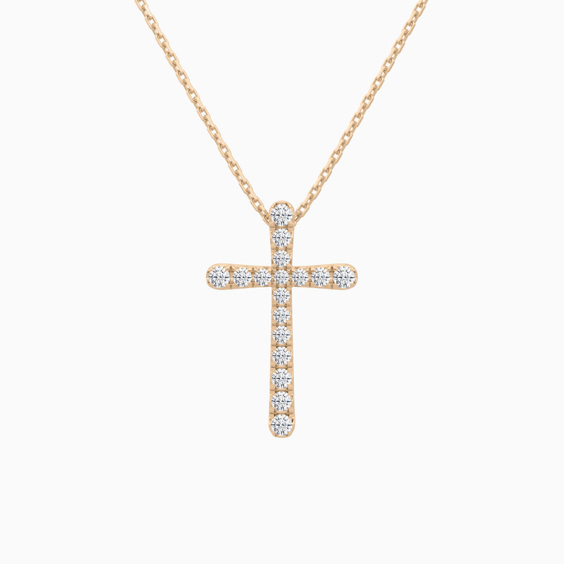 Round Lab Grown Diamond French Pavé Cross Pendant Necklace In 14K Rose Gold - Lucenjuri