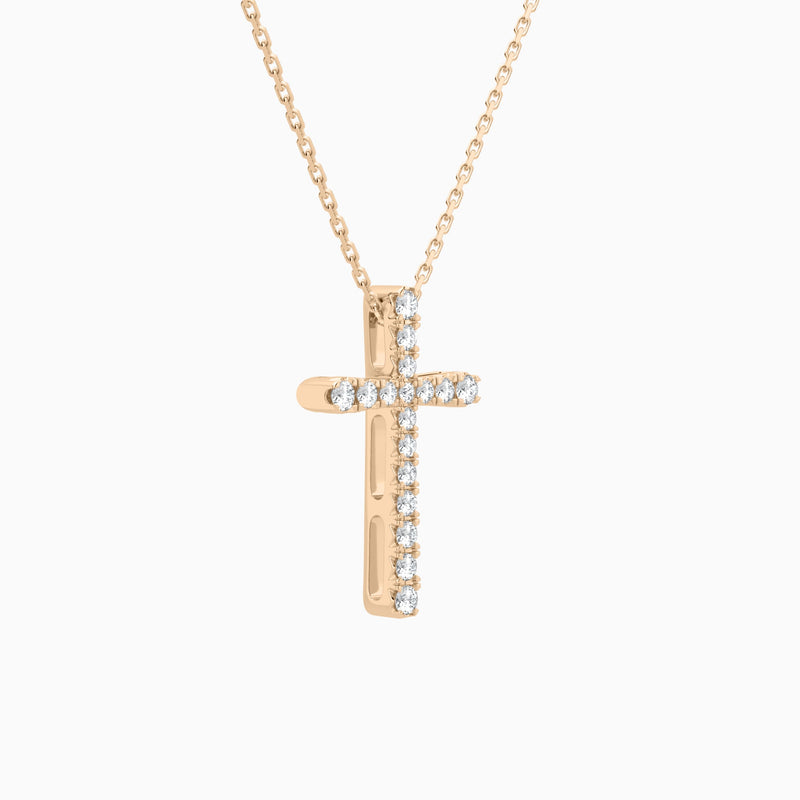 Round Lab Grown Diamond French Pavé Cross Pendant Necklace In 14K Rose Gold - Front Angle View