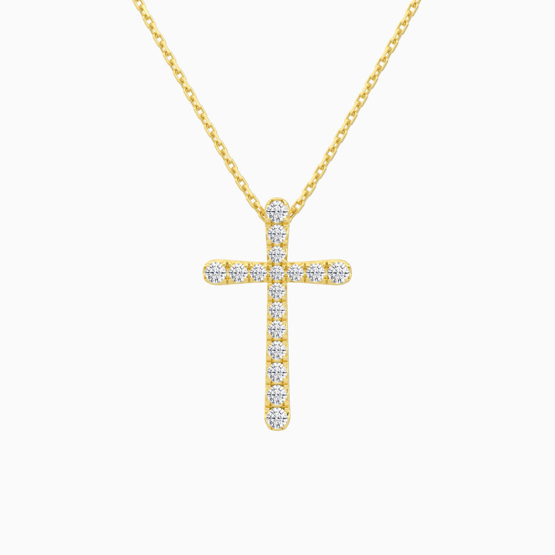 Round Lab Grown Diamond French Pavé Cross Pendant Necklace In 14K Yellow Gold - Lucenjuri
