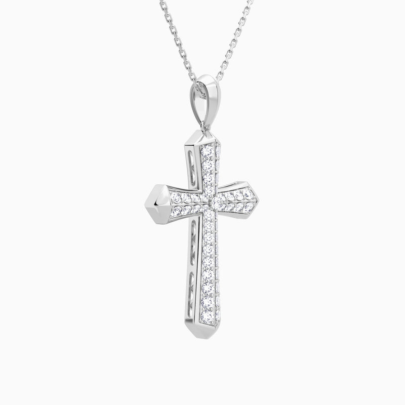 Round Lab Grown Diamond Flare Edge Cross Pendant Necklace In Platinum - Front Angle View