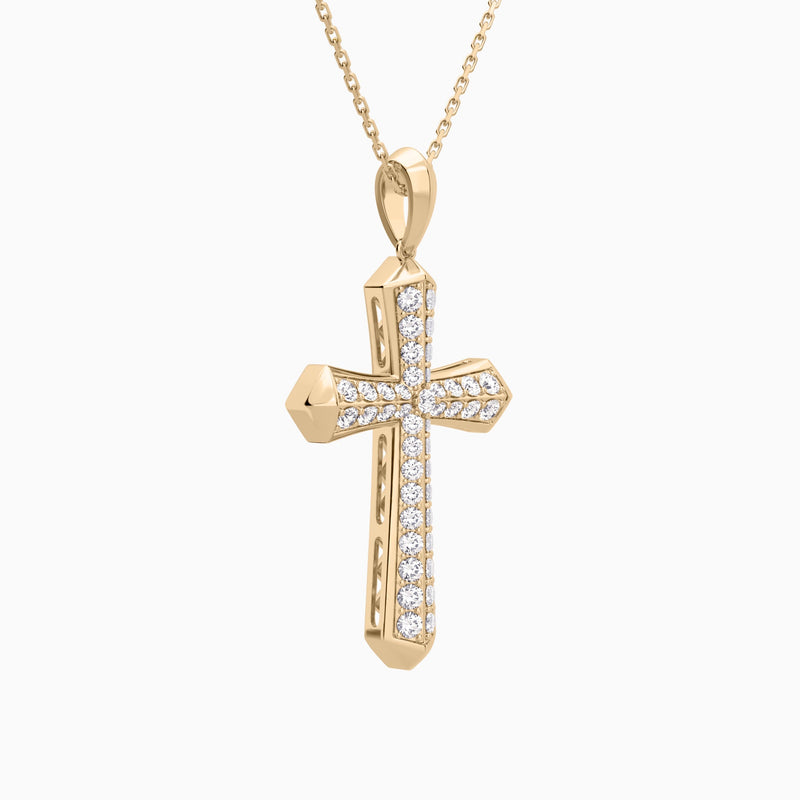 Round Lab Grown Diamond Flare Edge Cross Pendant Necklace In 14K Rose Gold - Front Angle View