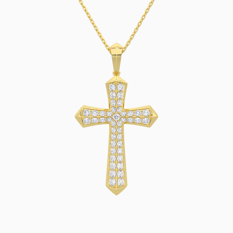 Round Lab Grown Diamond Flare Edge Cross Pendant Necklace In 14K Yellow Gold - Lucenjuri