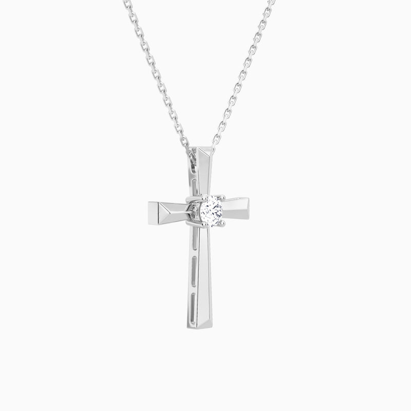 Round Solitaire Lab Grown Diamond Cross Pendant Necklace In 14K White Gold - Front Angle View