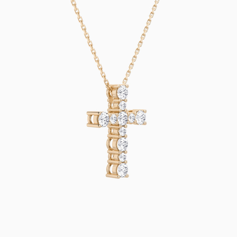 Round Lab Grown Diamond Prong Set Cross Pendant Necklace In 14K Rose Gold - Front Angle View