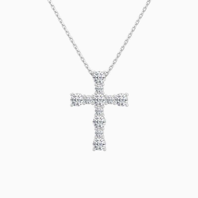 Round Lab Grown Diamond Prong Set Cross Pendant Necklace In 14K White Gold - Lucenjuri
