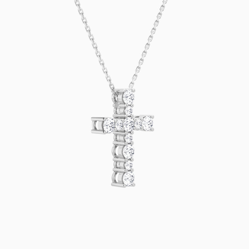 Round Lab Grown Diamond Prong Set Cross Pendant Necklace In 14K White Gold - Front Angle View