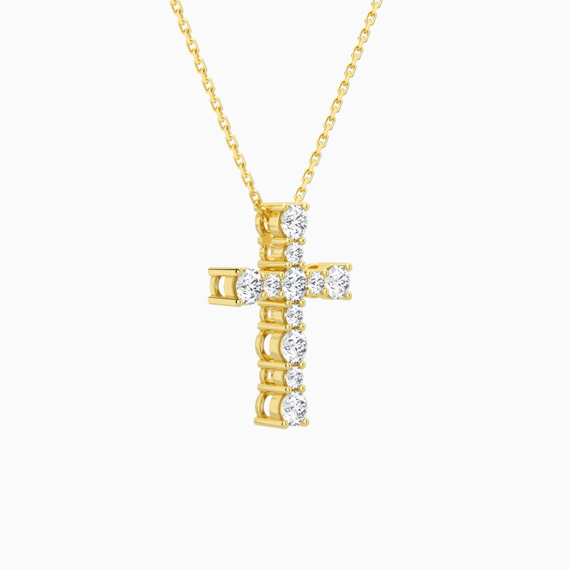 Round Lab Grown Diamond Prong Set Cross Pendant Necklace In 18K Yellow Gold - Front Angle View