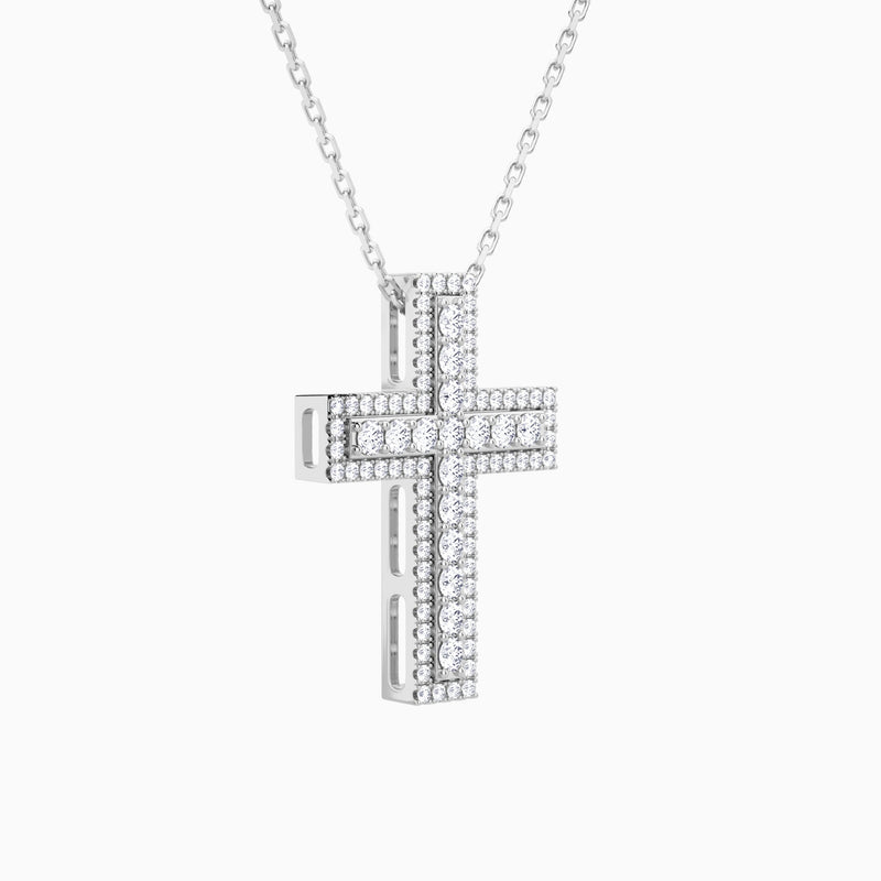 Lab Grown Diamond Pavé Edge Cross Pendant Necklace In Platinum - Front Angle View