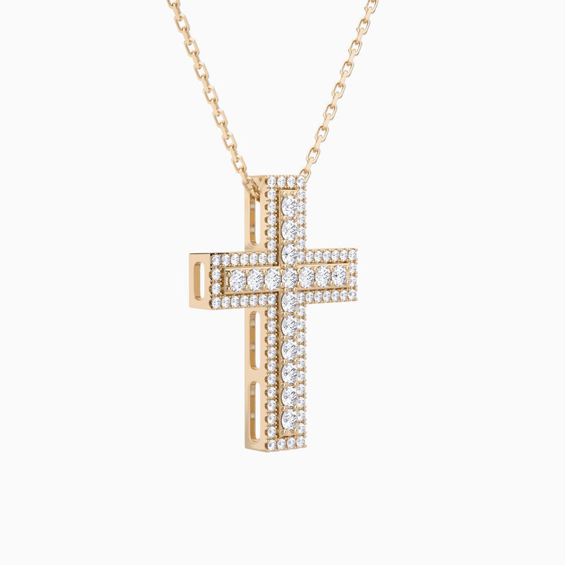 Lab Grown Diamond Pavé Edge Cross Pendant Necklace In 14K Rose Gold - Front Angle View