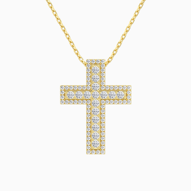 Lab Grown Diamond Pavé Edge Cross Pendant Necklace In 14K Yellow Gold - Lucenjuri