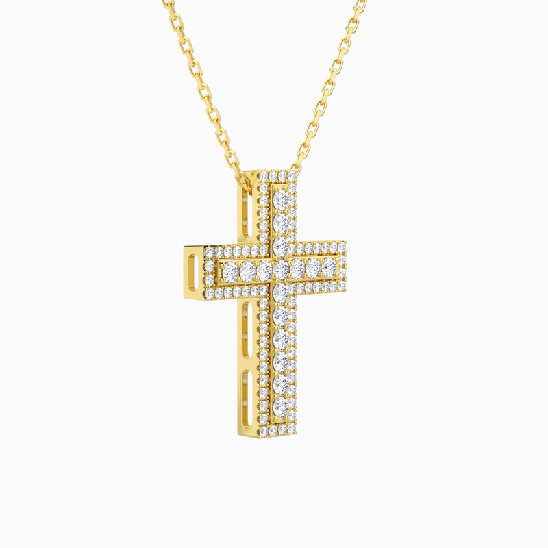 Lab Grown Diamond Pavé Edge Cross Pendant Necklace In 14K Yellow Gold - Front Angle View