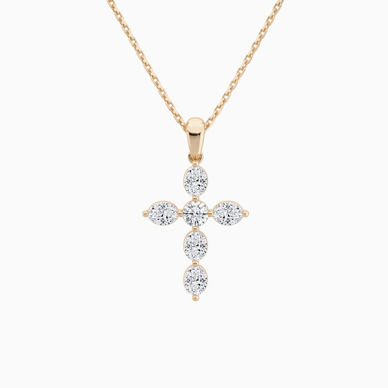 Oval and Round Lab Grown Diamond Cross Necklace In 14K Rose Gold - Lucenjuri