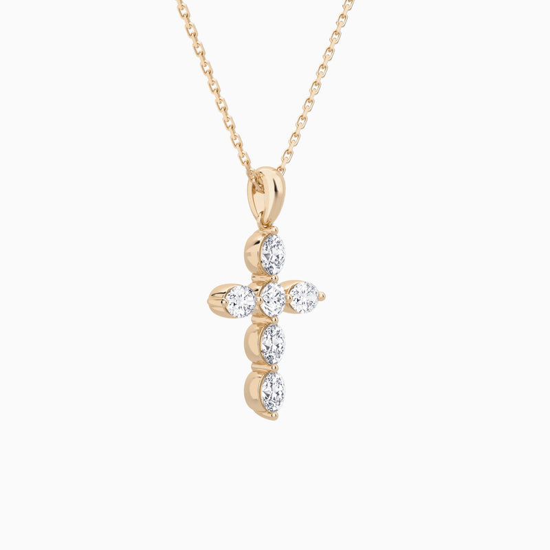 Oval and Round Lab Grown Diamond Cross Necklace In 14K Rose Gold - Front Angle View