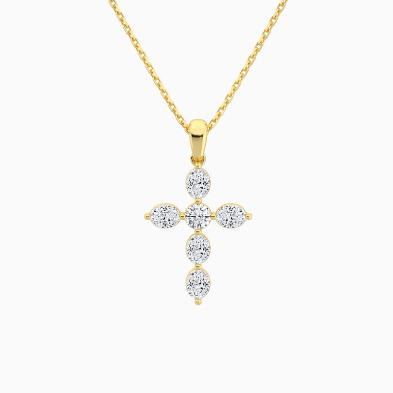Oval and Round Lab Grown Diamond Cross Necklace In 14K Yellow Gold - Lucenjuri
