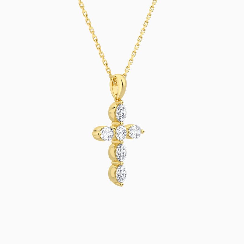 Oval and Round Lab Grown Diamond Cross Necklace In 14K Yellow Gold - Front Angle View