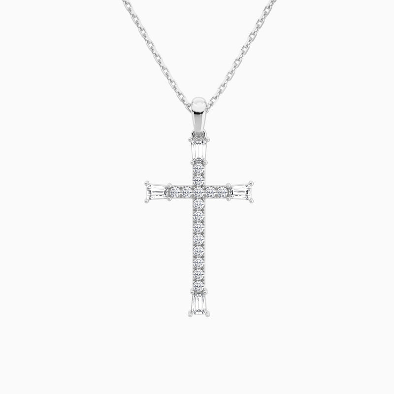Tapered Baguette and Round Lab Grown Diamond Cross Pendant In Platinum - Lucenjuri