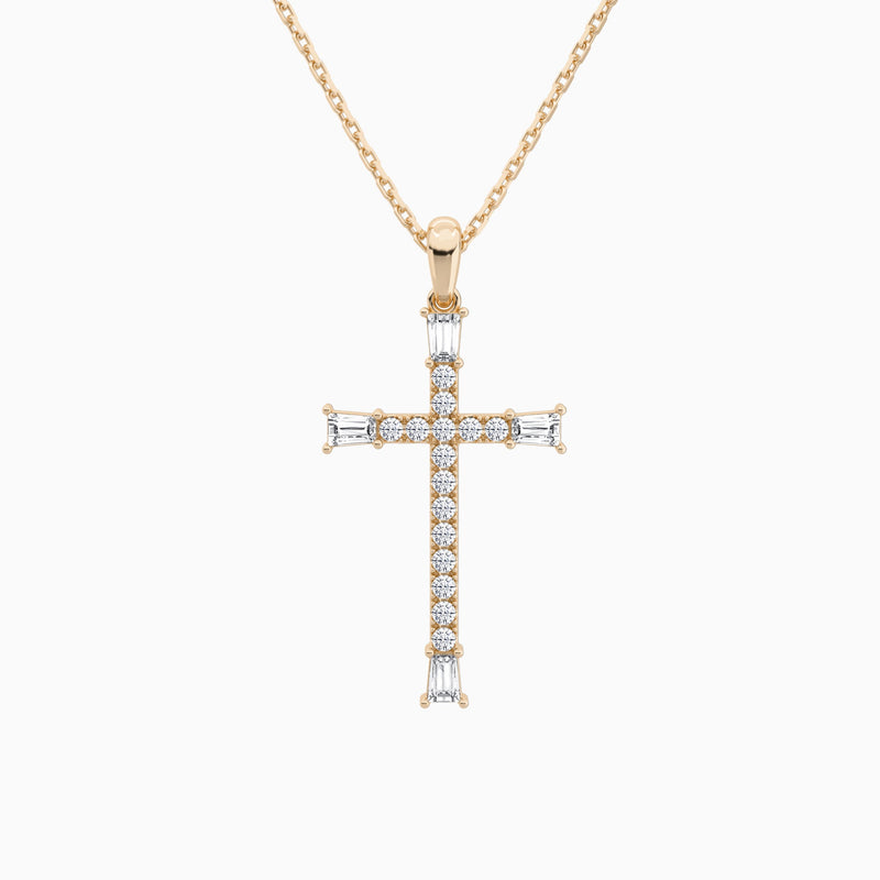 Tapered Baguette and Round Lab Grown Diamond Cross Pendant In 14K Rose Gold - Lucenjuri