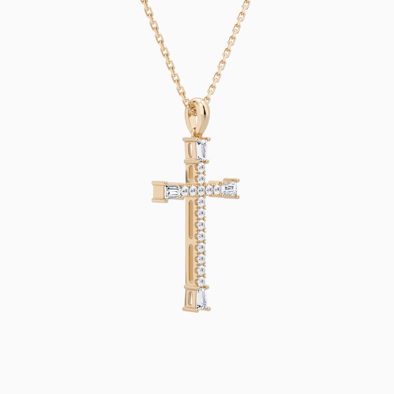 Tapered Baguette and Round Lab Grown Diamond Cross Pendant In 14K Rose Gold - Front Angle View