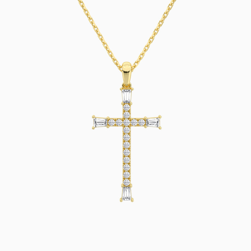 Tapered Baguette and Round Lab Grown Diamond Cross Pendant In 14K Yellow Gold - Lucenjuri