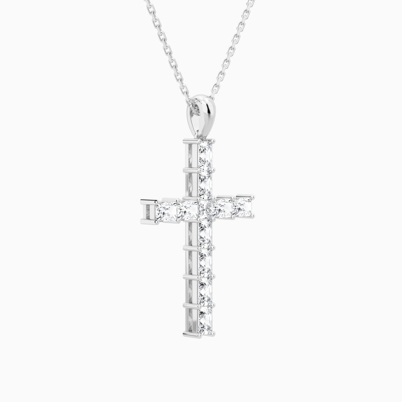Mixed Radiant Lab Grown Diamond Cross Pendant Necklace In Platinum - Front Angle View