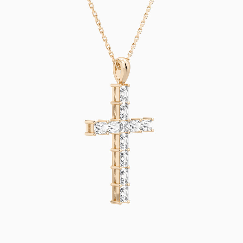Mixed Radiant Lab Grown Diamond Cross Pendant Necklace In 14K Rose Gold - Front Angle View