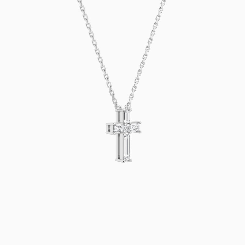 Baguette and Princess Lab Grown Diamond Cross Pendant Necklace In Platinum - Front Angle View