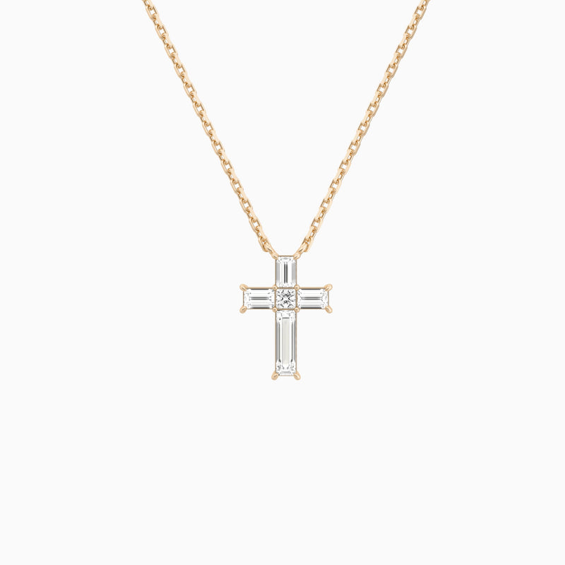 Baguette and Princess Lab Grown Diamond Cross Pendant Necklace In 14K Rose Gold - Lucenjuri