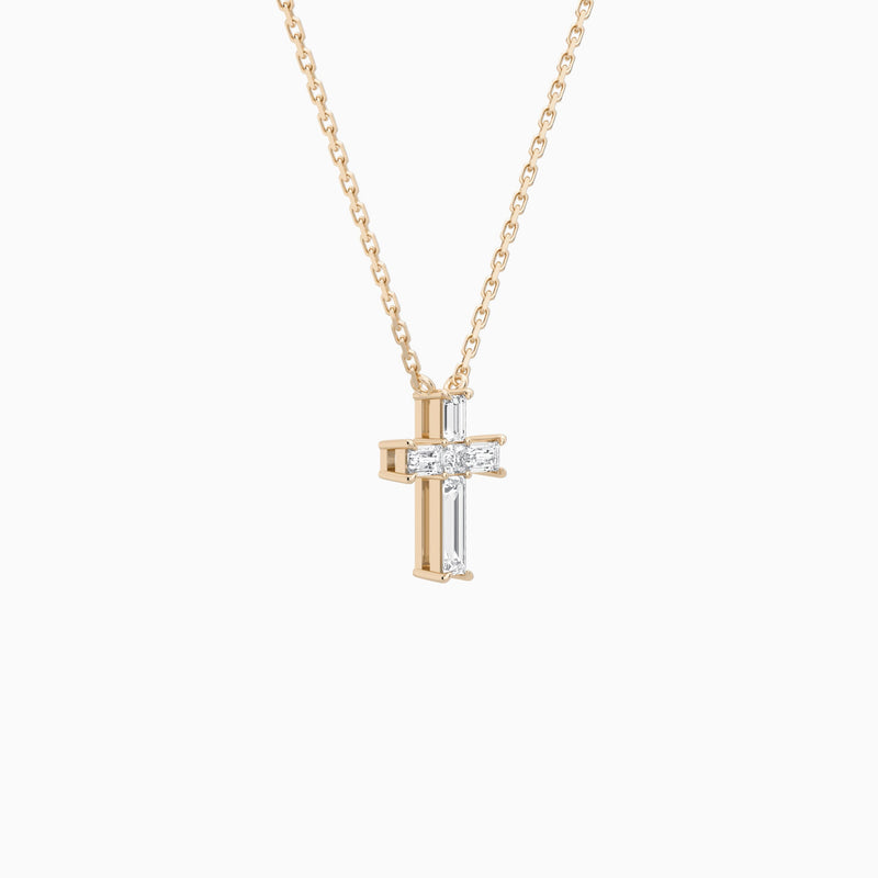 Baguette and Princess Lab Grown Diamond Cross Pendant Necklace In 14K Rose Gold - Front Angle View
