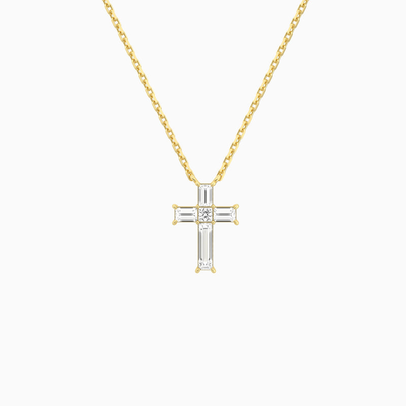 Baguette and Princess Lab Grown Diamond Cross Pendant Necklace In 18K Yellow Gold - Lucenjuri