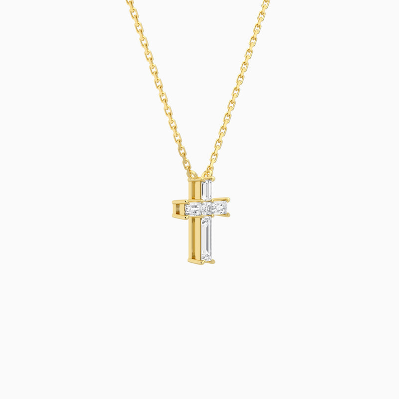 Baguette and Princess Lab Grown Diamond Cross Pendant Necklace In 14K Yellow Gold - Front Angle View