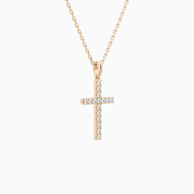 Classic Round Lab Grown Diamond Cross Pendant Necklace In 14K Rose Gold - Front Angle View