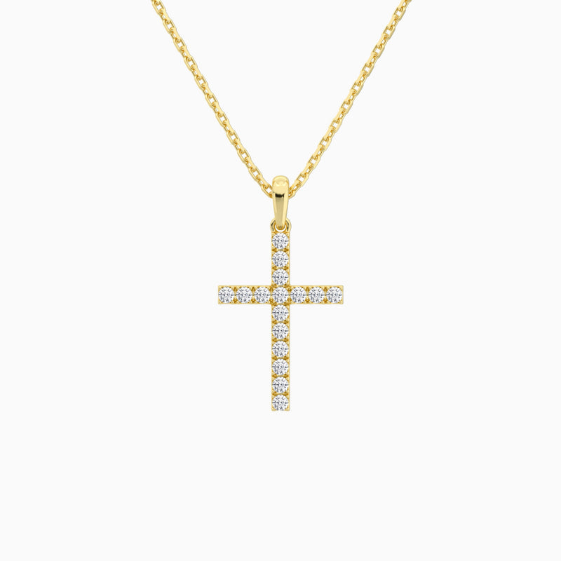 Classic Round Lab Grown Diamond Cross Pendant Necklace In 14K Yellow Gold - Lucenjuri