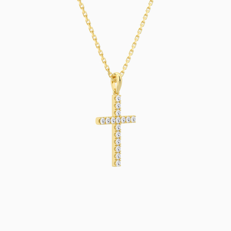 Classic Round Lab Grown Diamond Cross Pendant Necklace In 14K Yellow Gold - Front Angle View