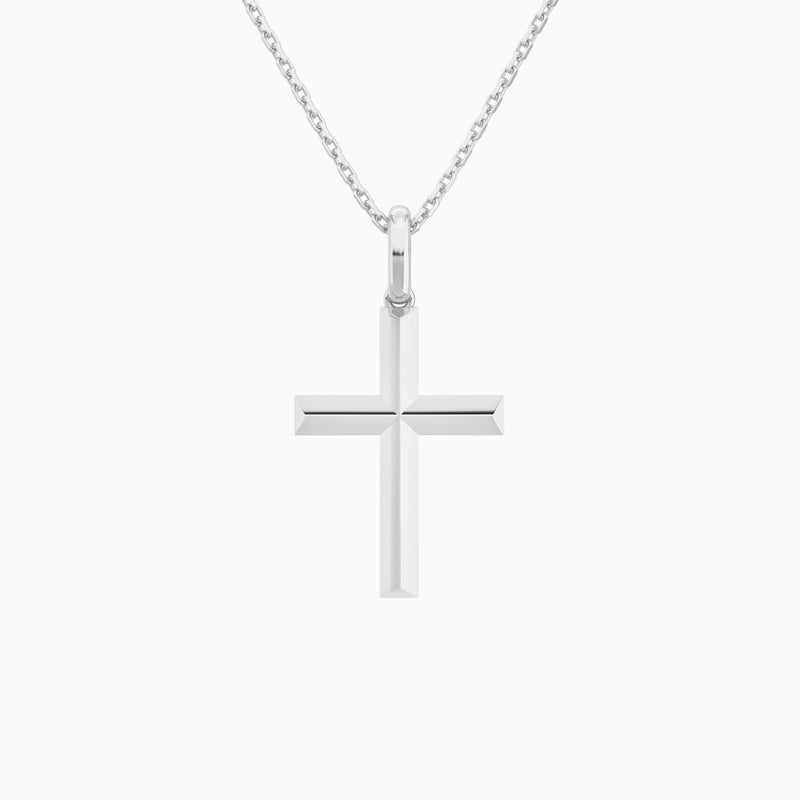 Beveled Edge Polished Cross Pendant Necklace In Platinum - Lucenjuri