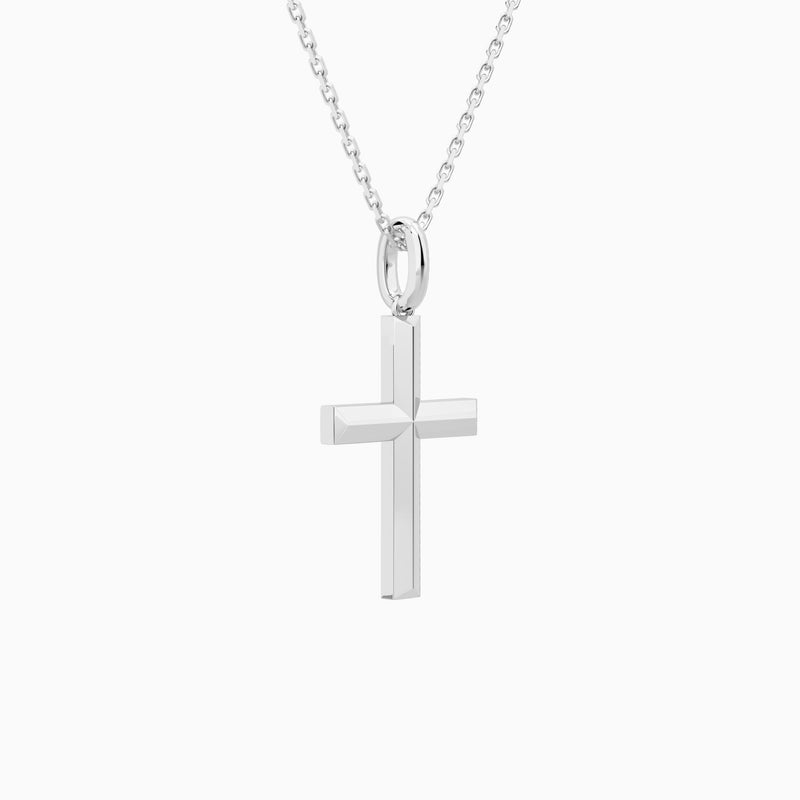Beveled Edge Polished Cross Pendant Necklace In 14K White Gold - Front Angle View