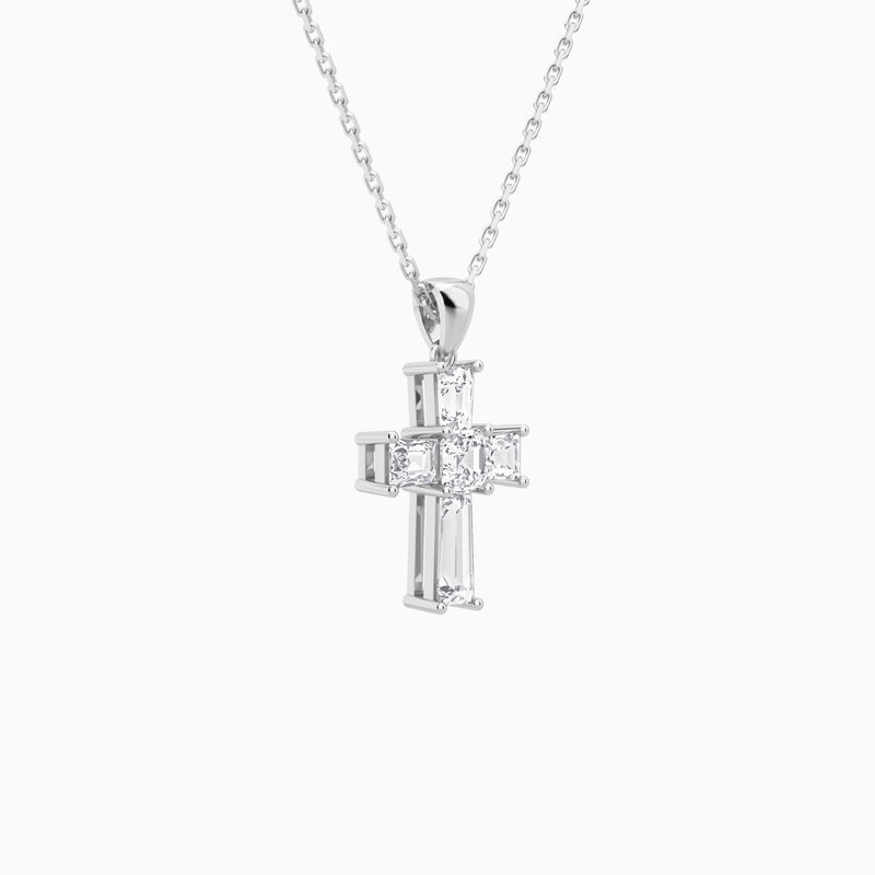 Tapered Baguette and Asscher Lab Grown Diamond Cross Pendant In Platinum - Front Angle View