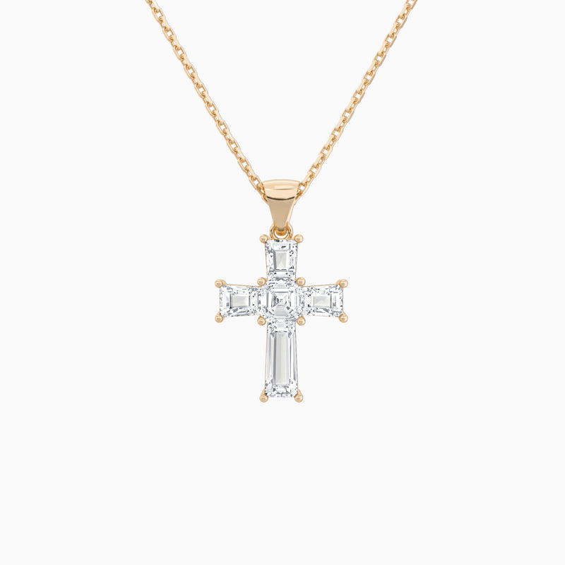 Tapered Baguette and Asscher Lab Grown Diamond Cross Pendant In 14K Rose Gold - Lucenjuri