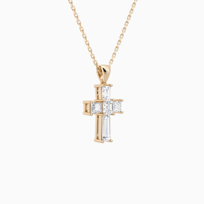 Tapered Baguette and Asscher Lab Grown Diamond Cross Pendant In 14K Rose Gold - Front Angle View
