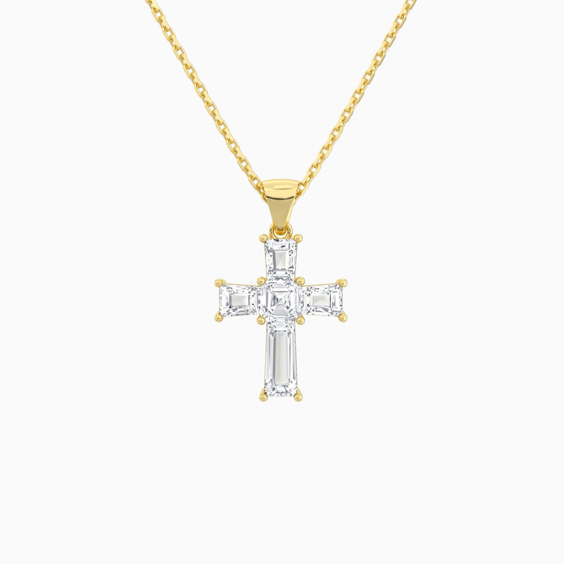 Tapered Baguette and Asscher Lab Grown Diamond Cross Pendant In 18K Yellow Gold - Lucenjuri