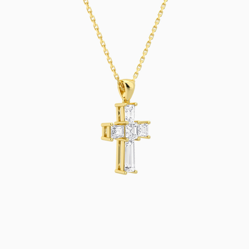 Tapered Baguette and Asscher Lab Grown Diamond Cross Pendant In 14K Yellow Gold - Front Angle View