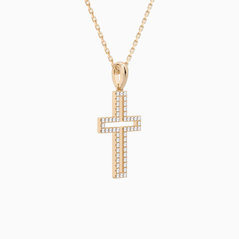 Classic Lab Grown Diamond Open Cross Pendant Necklace In 14K Rose Gold - Front Angle View