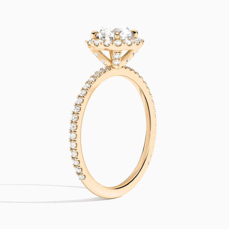 Round Luxe Calantha Halo Lab Diamond Engagement Ring In 14K Rose Gold, Angle View