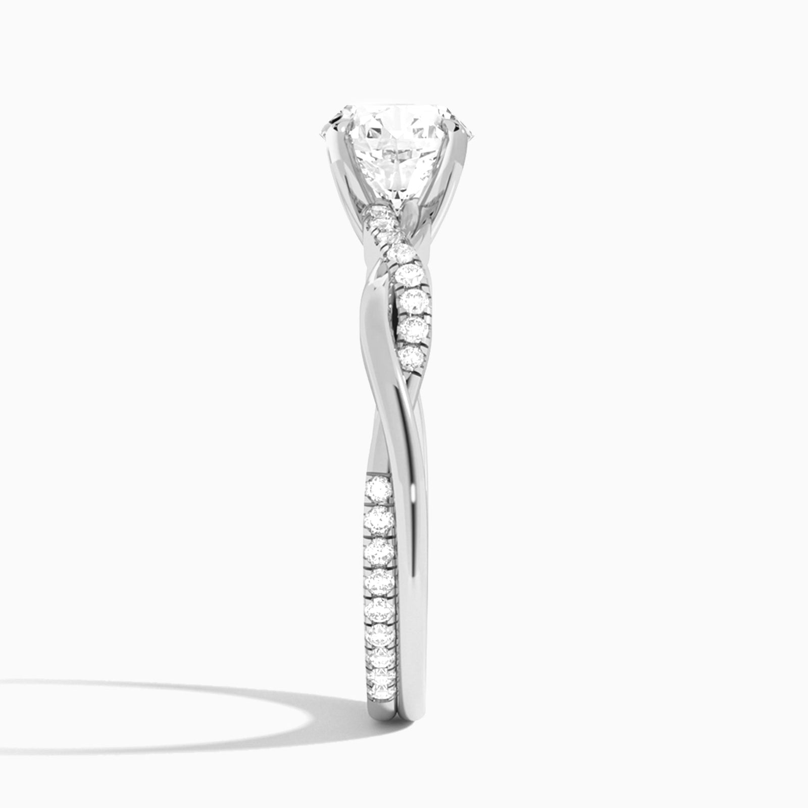 Round Accented Twisted Vine Lab Diamond Engagement Ring In 14K White Gold, Side View